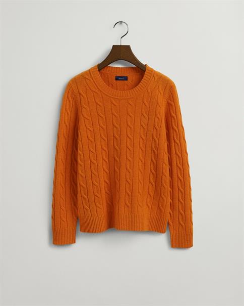 Lambswool Rundhalspullover mit Zopfmuster golden orange