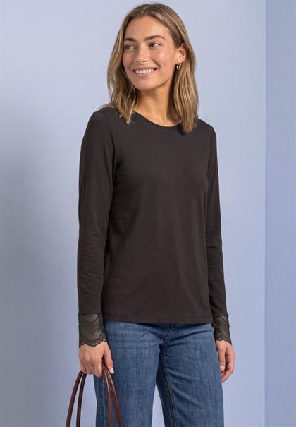 Langarm Shirt mit Rundhals und Spitze black coffee