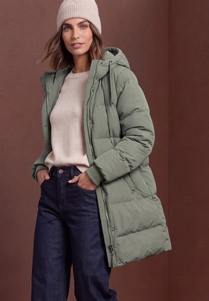 Lange Jacke mit Kapuze und Steppmuster somber green