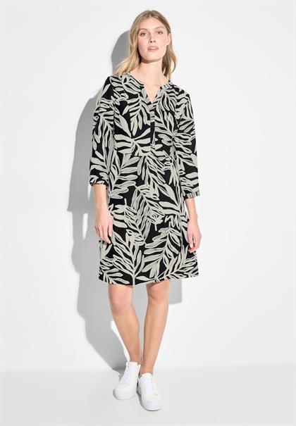 Leinenmix Print Kleid black