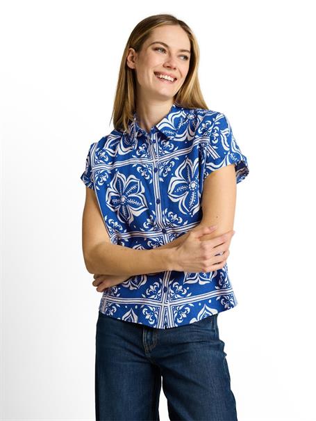Loose Fit Bluse mit Leinenanteil blue flower tile design