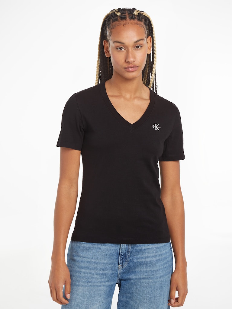 Calvin Klein Jeans Damen T-Shirt MICRO MONOLOGO SLIM V-NECK TEE ck black  bequem online kaufen bei