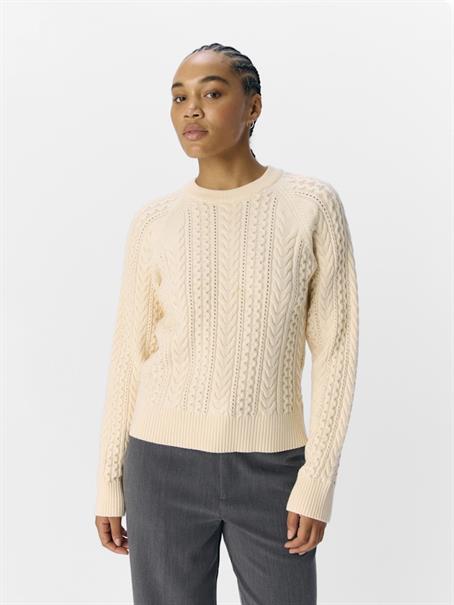 OBJMEG LS LO O-NECK CABLE KNIT DIV sandshell