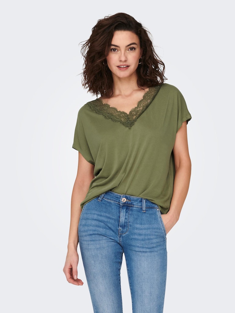 Only Damen T-Shirt ONLFREE LIFE S/S MODAL LACE TOP JRS iron gate bequem  online kaufen bei | V-Shirts