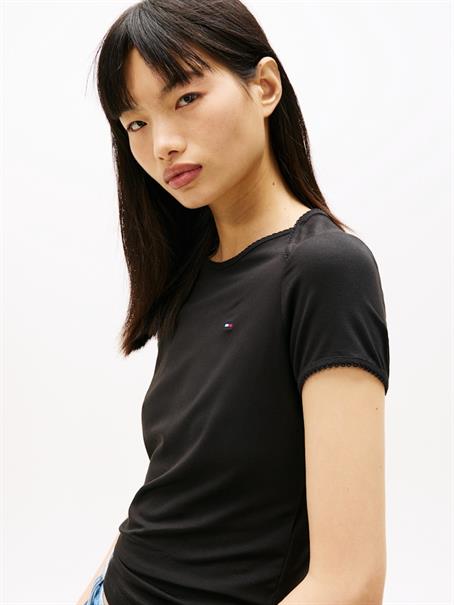 Picot Trim Slim Jersey T-Shirt black