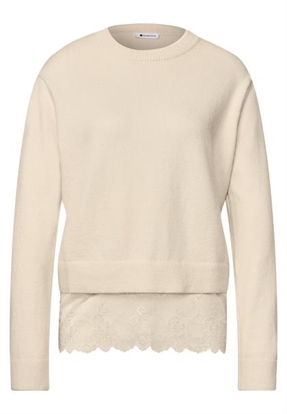 Pullover mit Rundhals und Spitzenkante pure beige