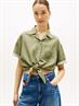 Relaxed Fit Linen Blend Tie Front Shirt bay leaf