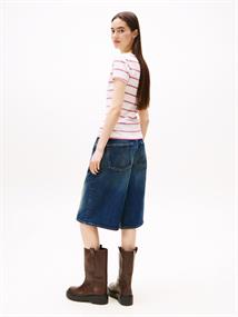 Ribbed Low V-Neck Slim T-Shirt ancient white - cerise stripe