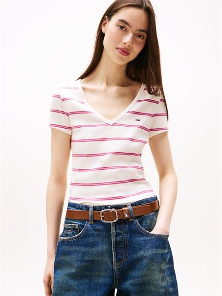 Ribbed Low V-Neck Slim T-Shirt ancient white - cerise stripe