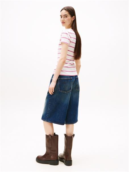 Ribbed Low V-Neck Slim T-Shirt ancient white - cerise stripe