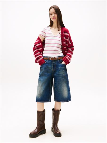 Ribbed Low V-Neck Slim T-Shirt ancient white - cerise stripe