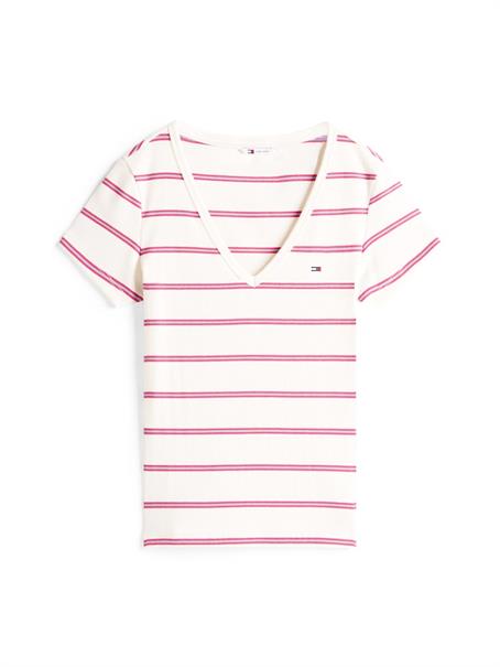 Ribbed Low V-Neck Slim T-Shirt ancient white - cerise stripe