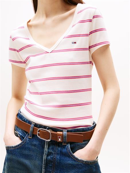 Ribbed Low V-Neck Slim T-Shirt ancient white - cerise stripe