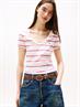 Ribbed Low V-Neck Slim T-Shirt ancient white - cerise stripe