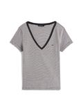 Ribbed Low V-Neck Slim T-Shirt black- ecru stripe