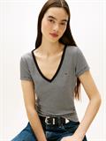 Ribbed Low V-Neck Slim T-Shirt black- ecru stripe