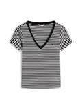 Ribbed Low V-Neck Slim T-Shirt black-ecru stripe