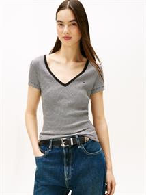 Ribbed Low V-Neck Slim T-Shirt black- ecru stripe