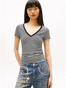 Ribbed Low V-Neck Slim T-Shirt black-ecru stripe