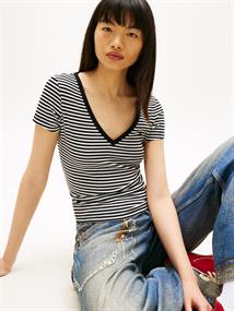Ribbed Low V-Neck Slim T-Shirt black-ecru stripe