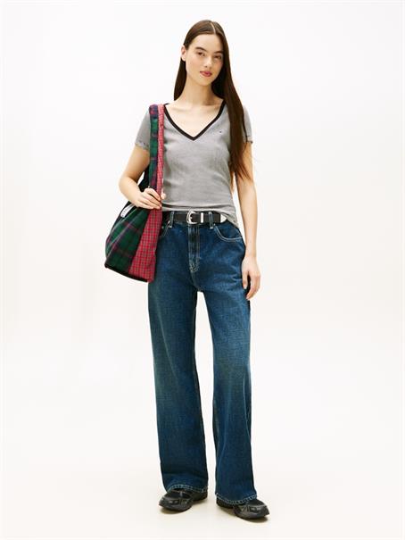 Ribbed Low V-Neck Slim T-Shirt black- ecru stripe