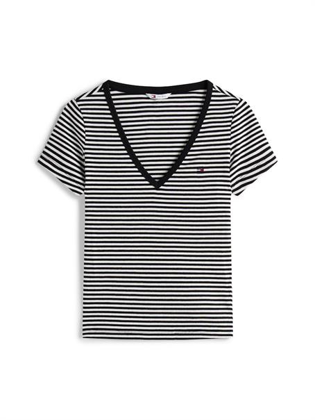 Ribbed Low V-Neck Slim T-Shirt black-ecru stripe