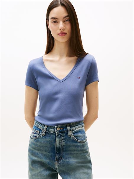 Ribbed Low V-Neck Slim T-Shirt blue moment