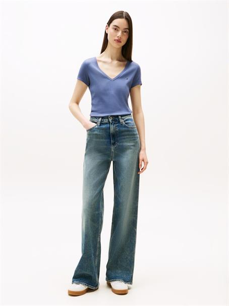 Ribbed Low V-Neck Slim T-Shirt blue moment