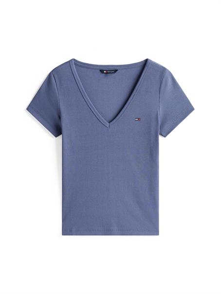 Ribbed Low V-Neck Slim T-Shirt blue moment