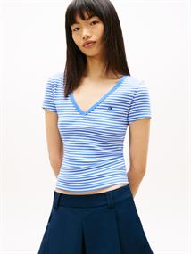 Ribbed Low V-Neck Slim T-Shirt empire blue - stripe