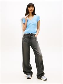 Ribbed Low V-Neck Slim T-Shirt light powdery blue