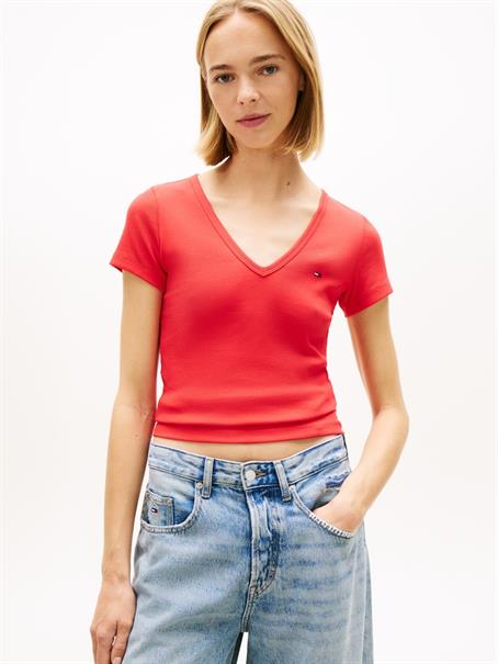 Ribbed Low V-Neck Slim T-Shirt red alert