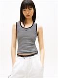 Ribbed Slim Scoop Neck Tank Top black-ecru stripe