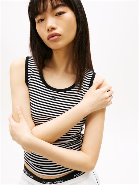 Ribbed Slim Scoop Neck Tank Top black-ecru stripe