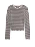 Ruffle Trim Long Sleeve Slim T-Shirt black - ecru stripe