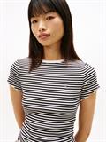 Ruffle Trim Ribbed T-Shirt black - ecru stripe