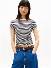 Ruffle Trim Ribbed T-Shirt black - ecru stripe