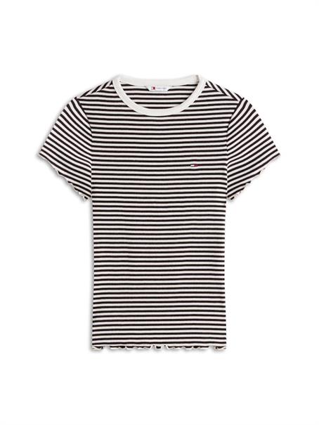 Ruffle Trim Ribbed T-Shirt black - ecru stripe