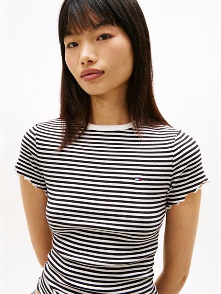Ruffle Trim Ribbed T-Shirt black - ecru stripe