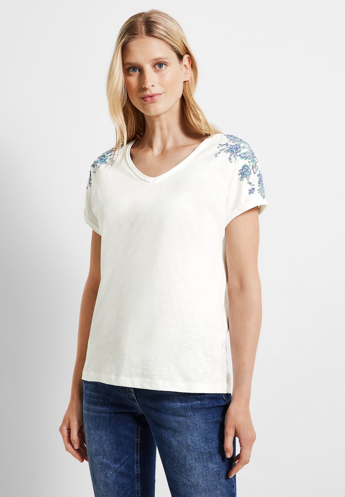 bei Damen white Shirt mit kaufen Cecil T-Shirt vanilla online Stickerei Schulter bequem