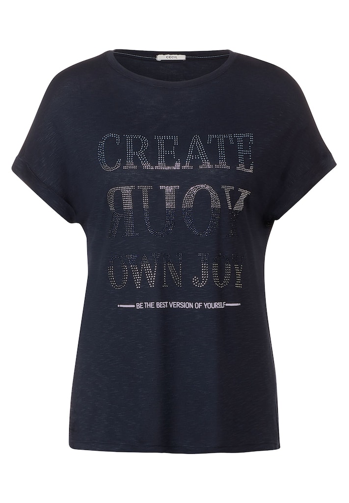 Cecil Damen T-Shirt Wording sky mit bequem night Steinchen online blue Shirt kaufen bei