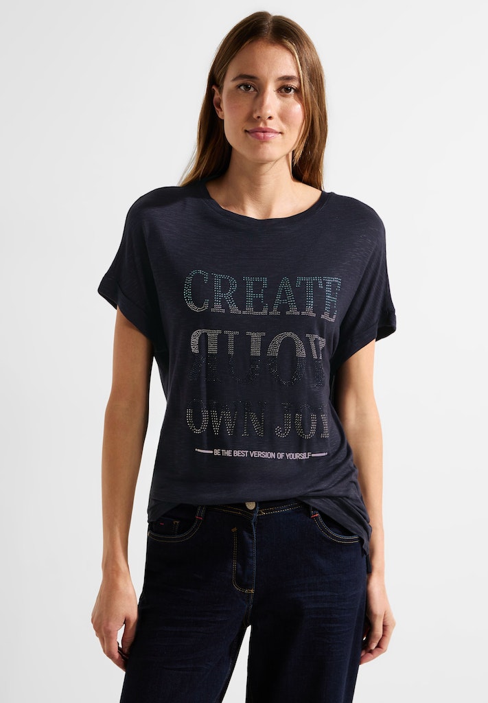 night online Wording Shirt sky kaufen bequem Steinchen T-Shirt blue bei mit Damen Cecil