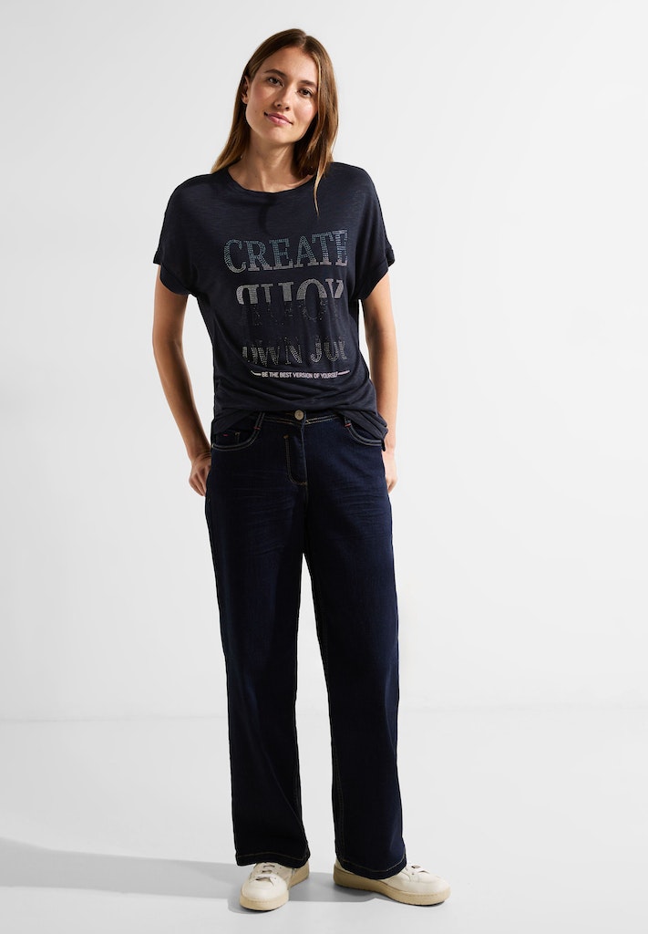 Cecil Damen T-Shirt Shirt mit Steinchen Wording night sky blue bequem  online kaufen bei