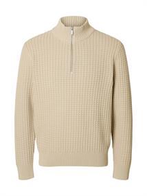 SLHTOM LS KNIT STRUCTURE HALF ZIP oatmeal