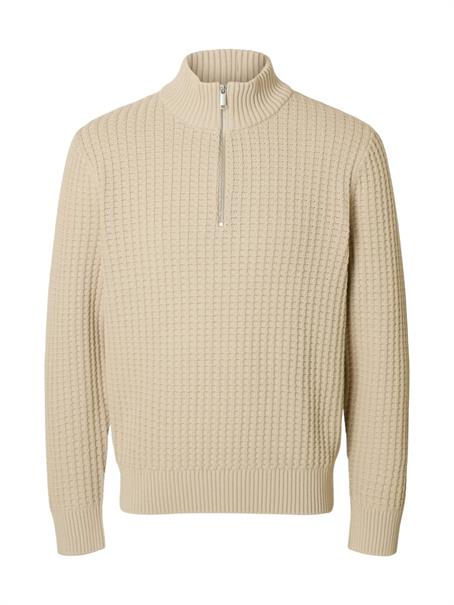 SLHTOM LS KNIT STRUCTURE HALF ZIP oatmeal