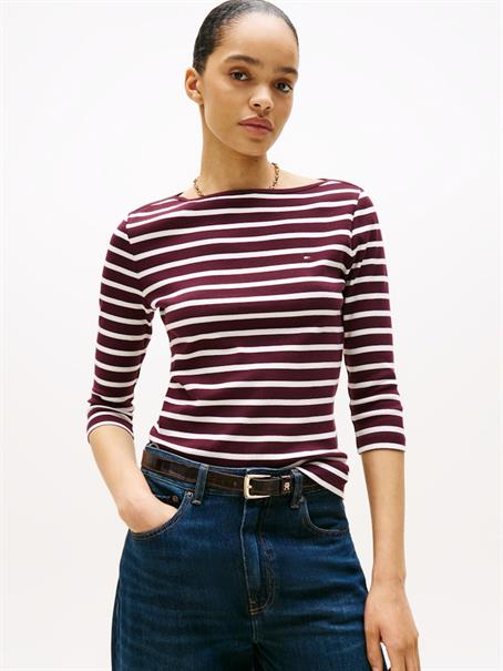 SLIM CODY BOAT-NK 3/4SLV deep burgundy- ecru stp