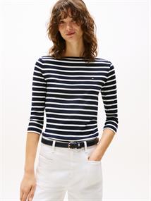Slim Three-Quarter Sleeve Boat Neck T-Shirt nos breton desert sky- ecru
