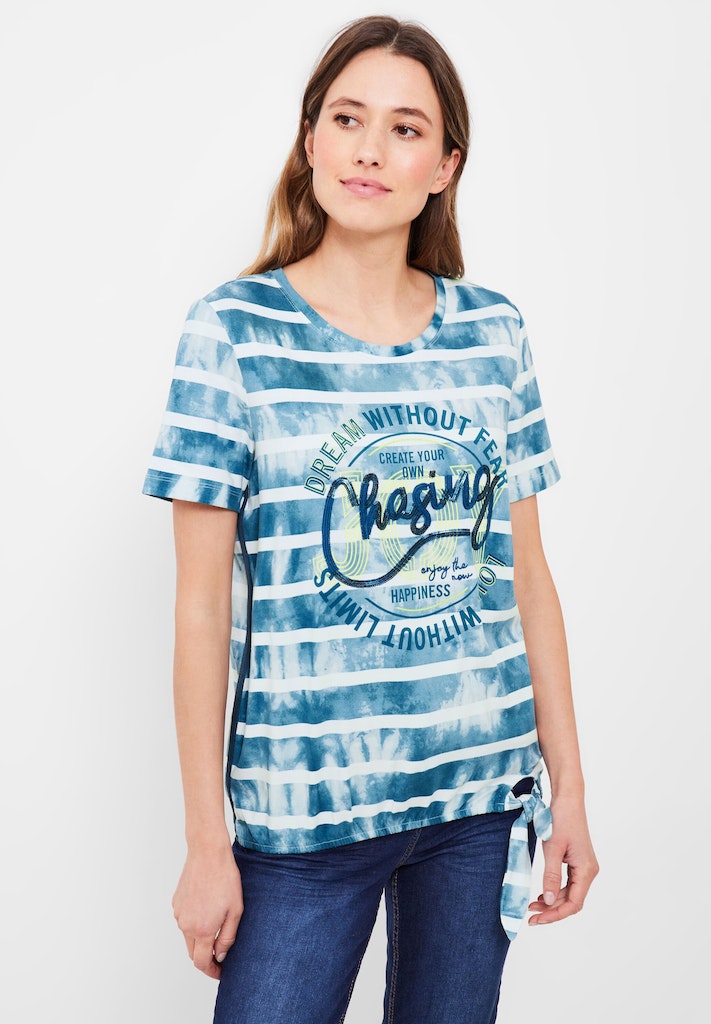 Cecil Damen T-Shirt Streifenshirt online blue mit Frontprint bei bequem teal kaufen