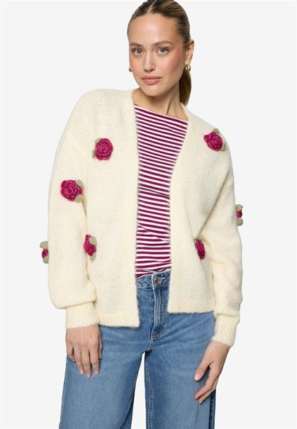 Strickjacke mit bunten 3D Blumen patch cream-pink