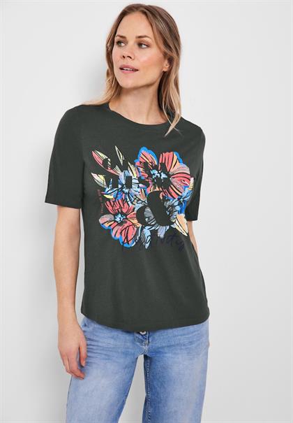 T-Shirt mit Blumen Fotoprint easy khaki